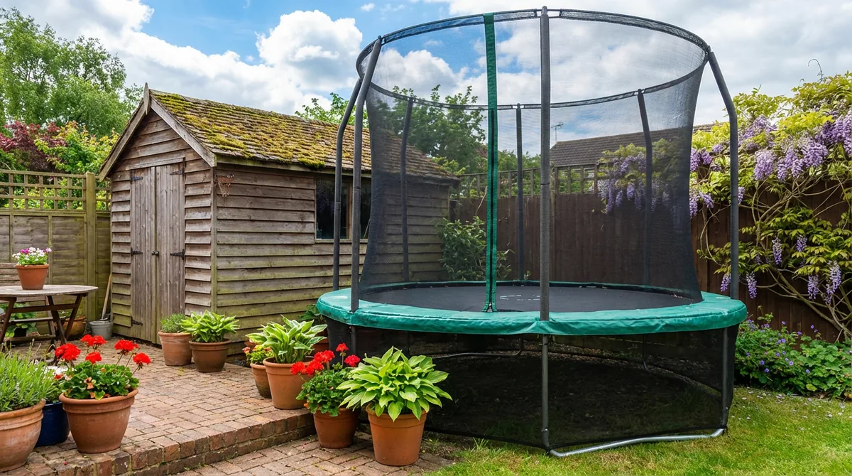 10ft Kanga trampoline in a tidy British back garden