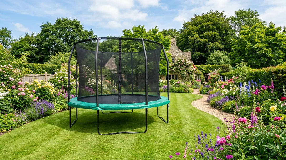 12ft Kanga trampoline in a country garden with flowerbeds