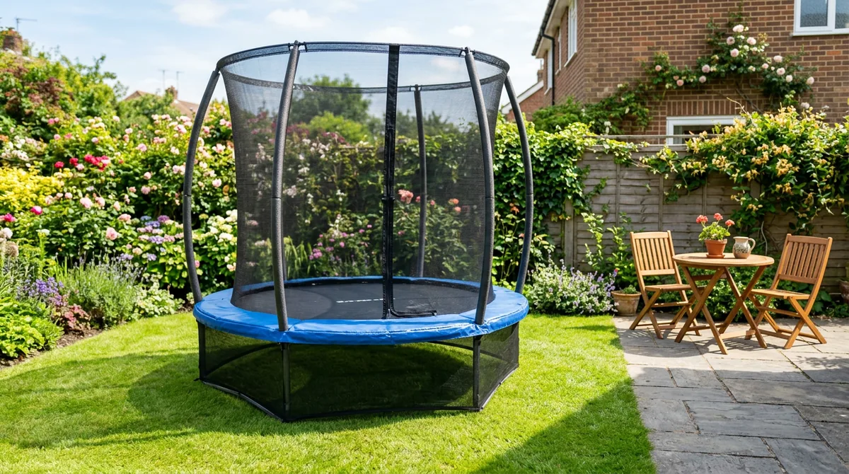 6ft Kanga trampoline with blue padding beside a patio