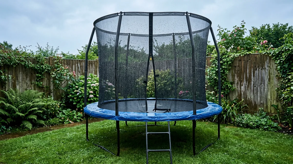 8ft Kanga trampoline after light rain on a UK lawn